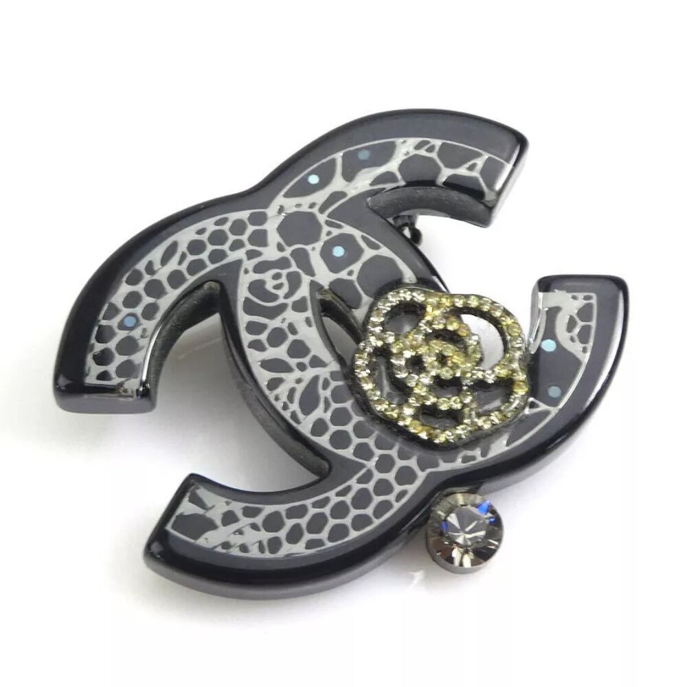 Auth CHANEL CC Logo Brooch Black/Silver Resin/Rhinestone